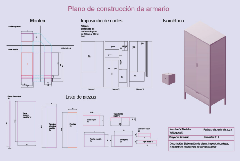 Plano de construcción de armario color rosa, con medidas y lista de piezas