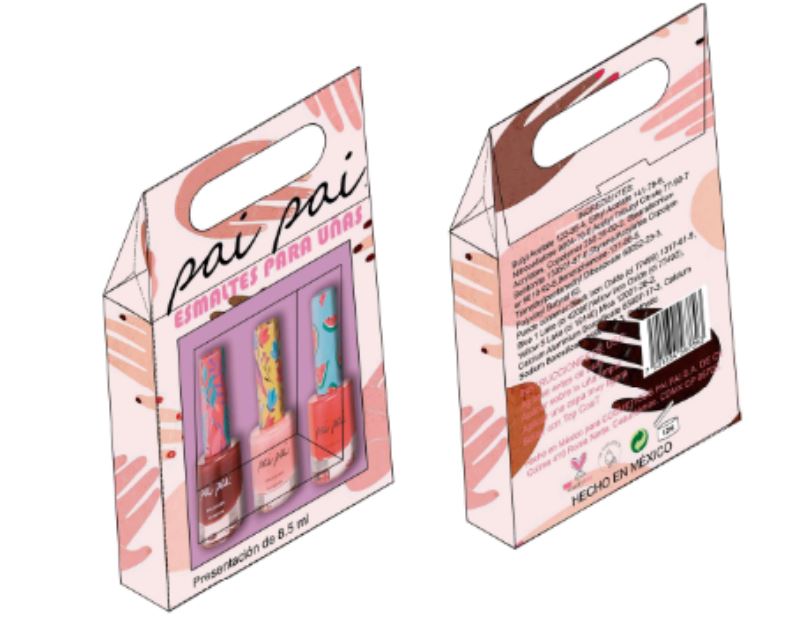 Empaque de esmalte para uñas armado, vistas delantera y trasera