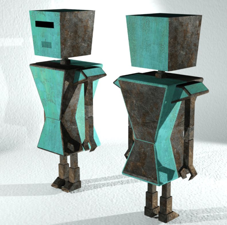 Vista en isométrico por el frente y por detrás de robot renderizado