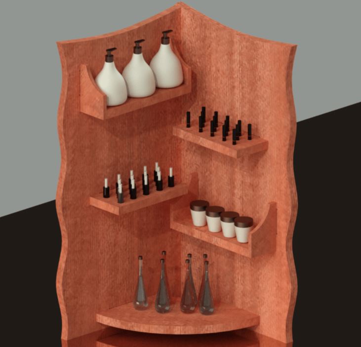 Vista isométrica de mueble con productos, render