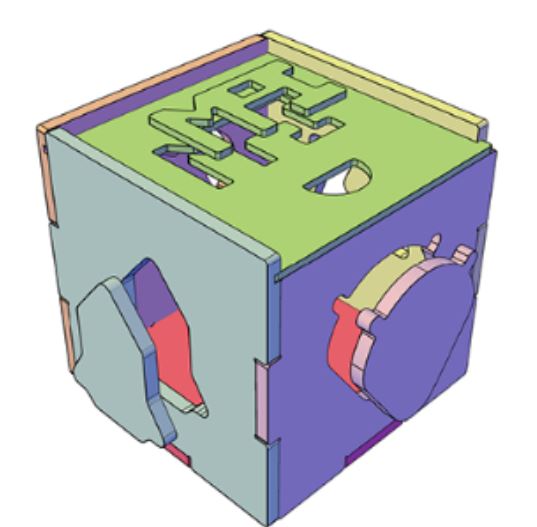 Vista isométrica de juguete didáctico con piezas