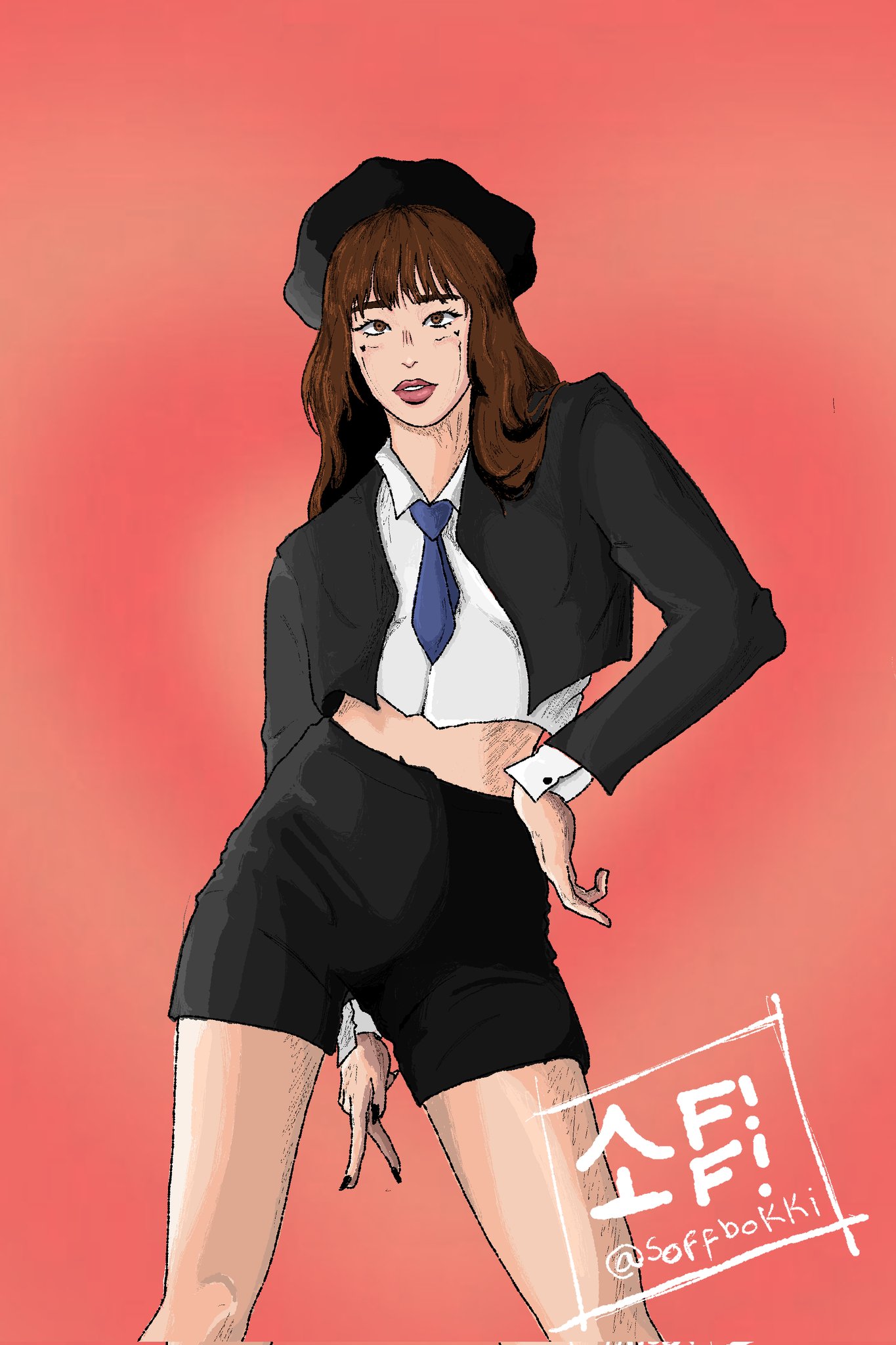 Ilustración de la integrante del grupo LOONA, Chuu en un estilo de dibujo correspondiente al del anima Jojo´s Bizarre Adventure