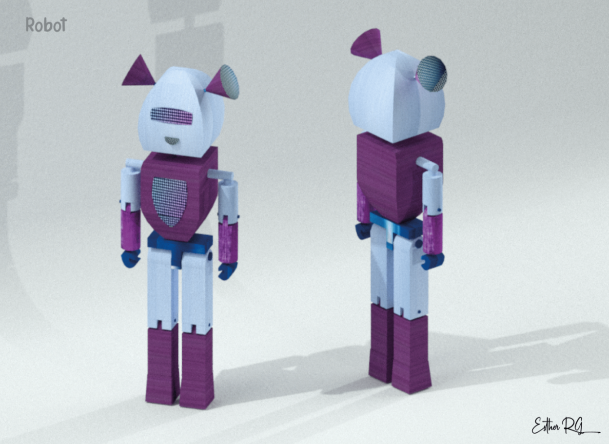 Renderizado de robot en vista isométrica frontal y posterior
